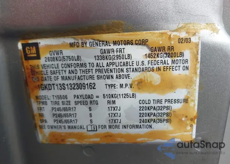 2003 GMC Envoy Sle z USA, uszkodzony, nr VIN 1GKDT13S132309162